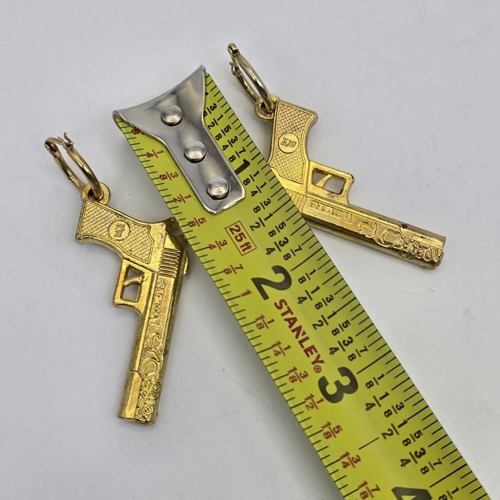 Vintage Gold Tone Pistol Gun Dangle Earrings Novelty Statement Western Cowgirl